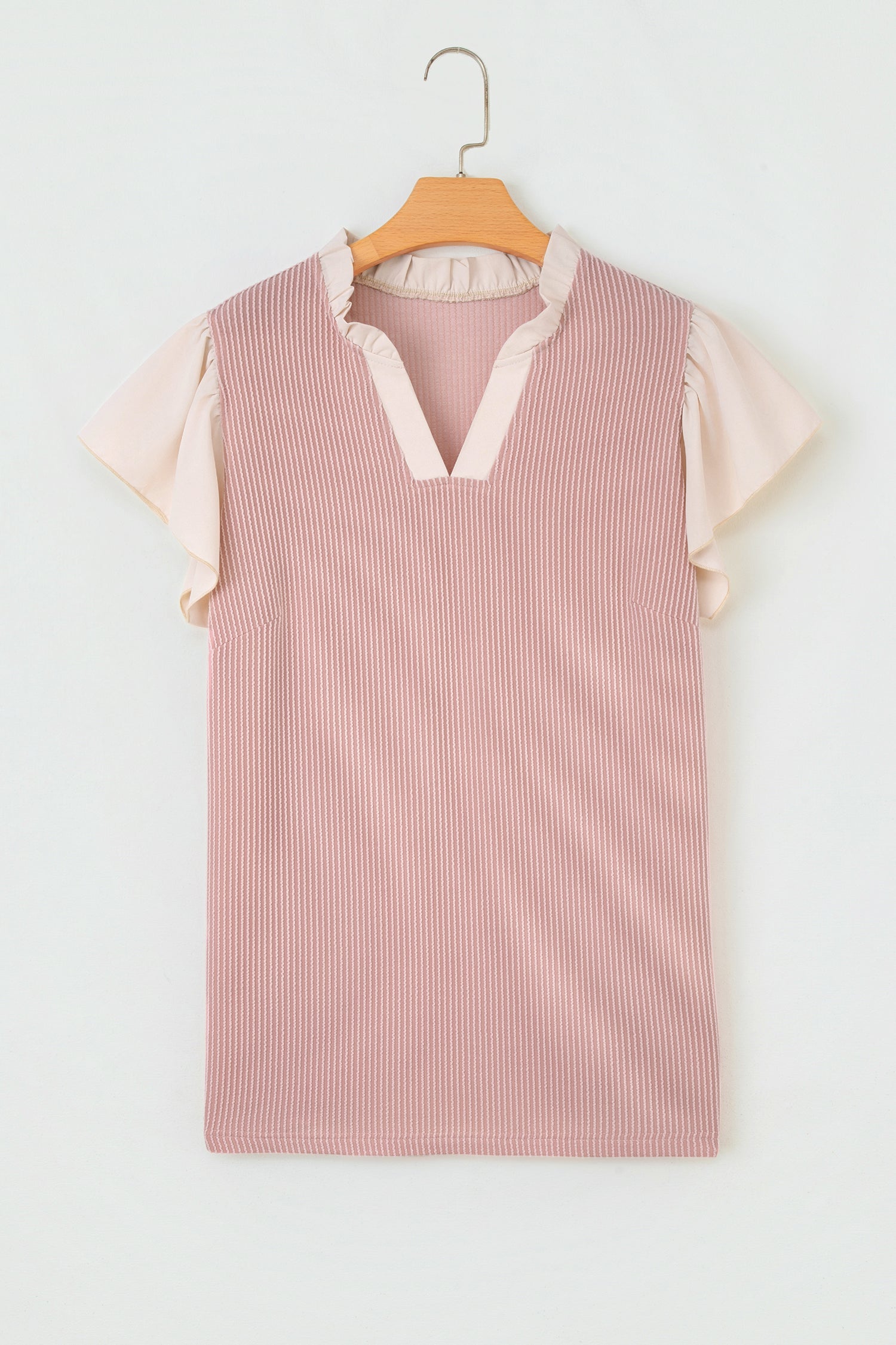 Plus Size Colorblock Corded Knit Ruffle Sleeve Blouse
