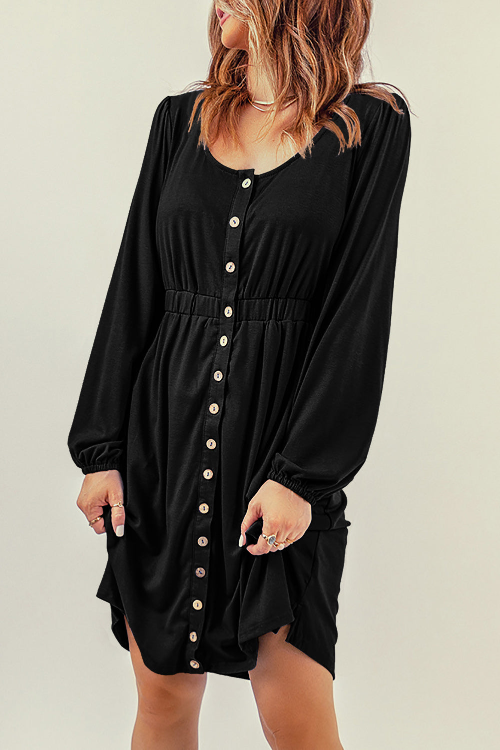 Solid Button-Up Scoop Neck Dress