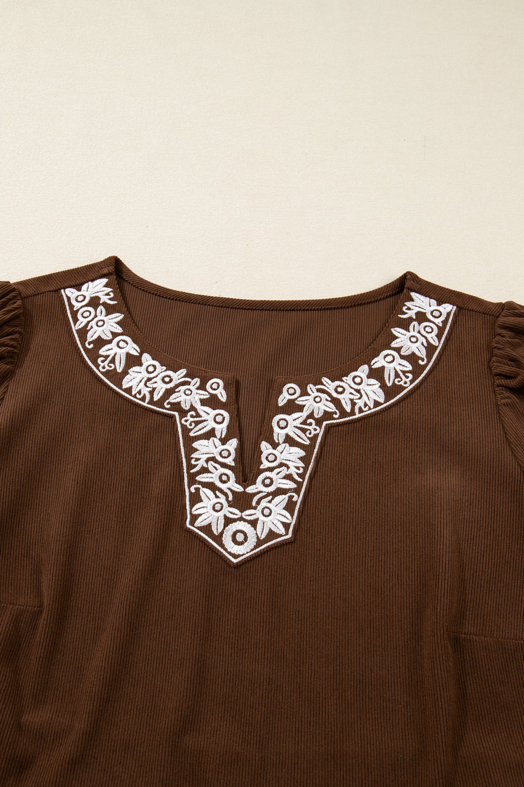 Plus Size Textured Corduroy Embroidered Neckline Midi Dress