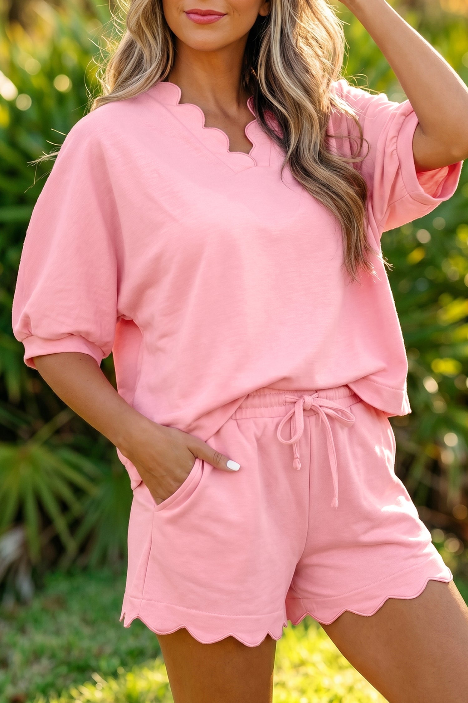 Scalloped V-Neck Dolman Top & Drawstring Short Set
