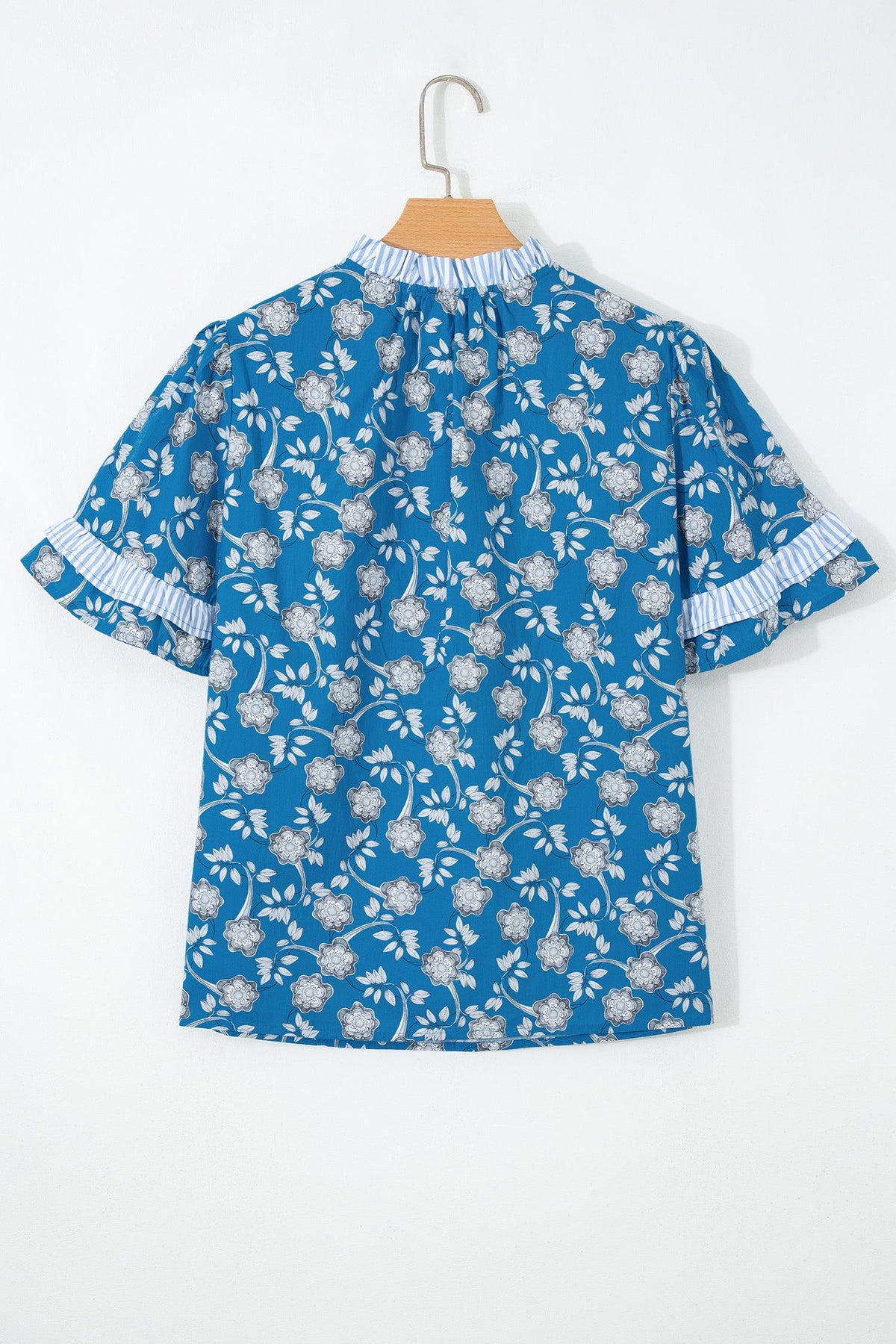 Floral Stripe Trim Tie-Neck Short Sleeve Blouse