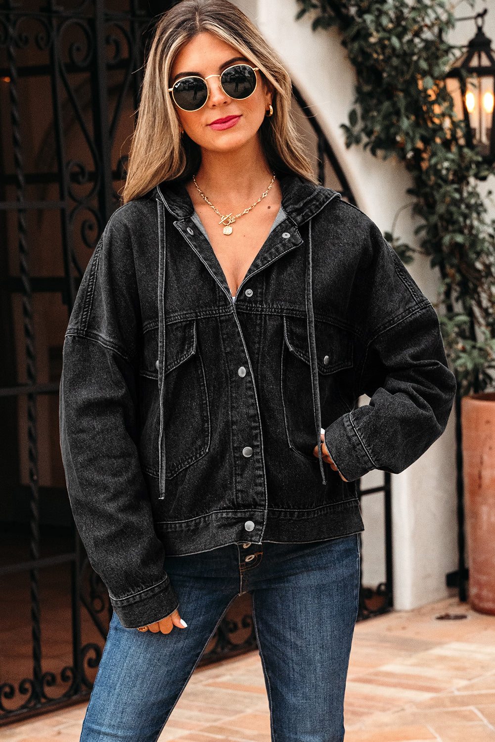 Denim Chest Pocket Drop Shoulder Hooded Jacket
