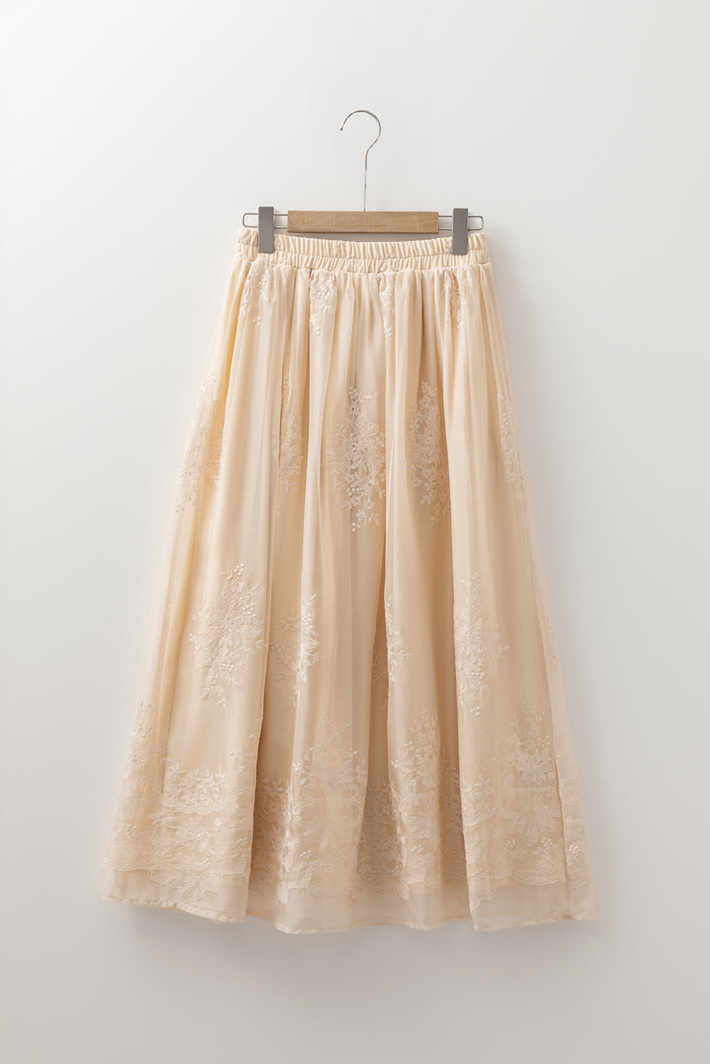 Solid Embroidered Mesh Overlay Midi Skirt