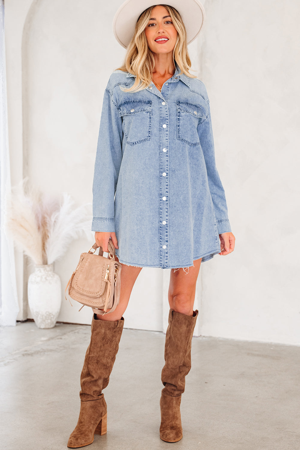 Solid Denim Chest Pocket Raw Hem Shirt Dress