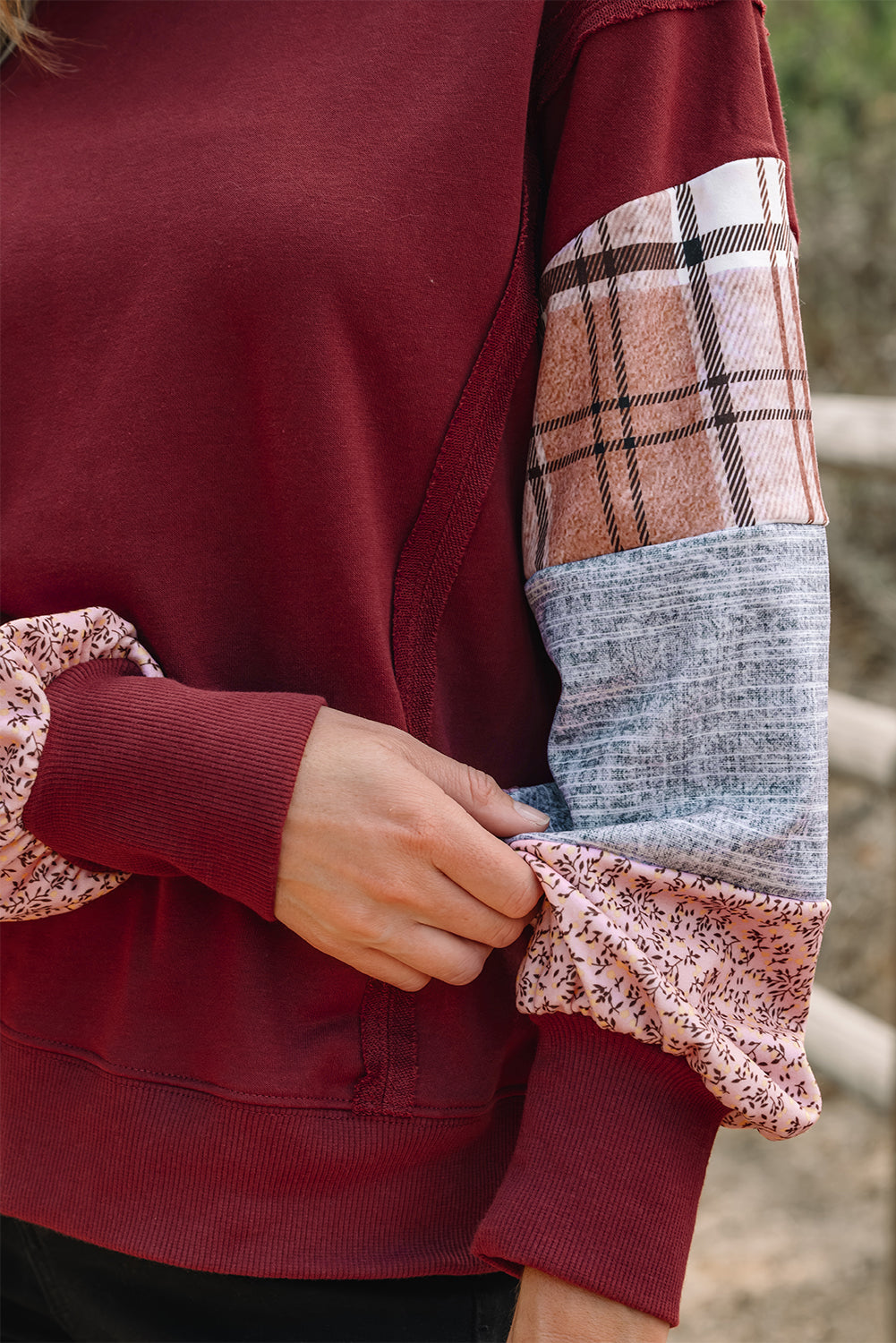 Plaid Patchwork Long Sleeve Raw Seam Sweatshirt