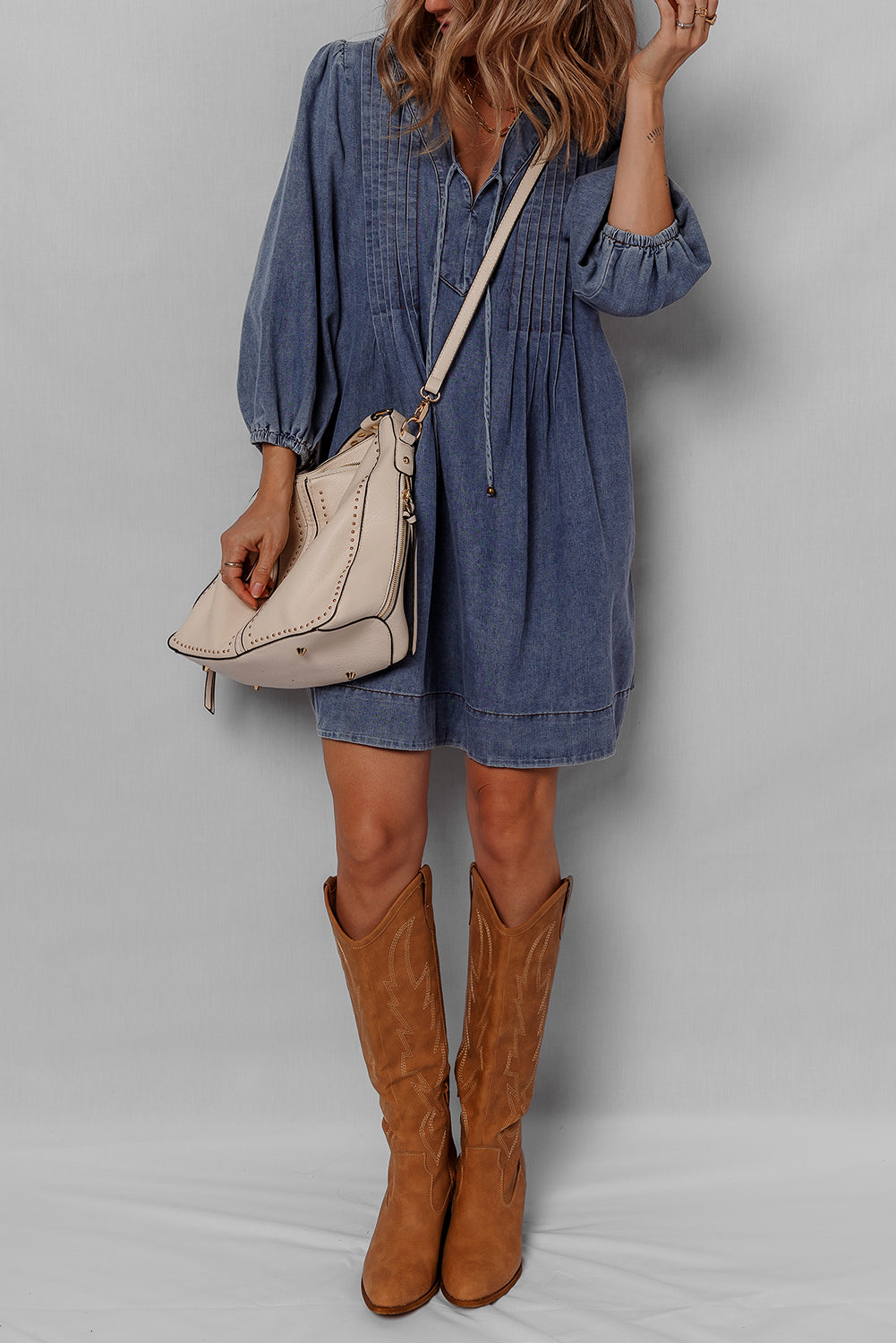 Denim 3/4 Sleeve Tied V-Neck Pleated Mini Dress