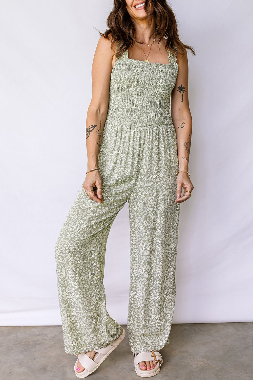 Floral Smocked Square Neck Sleeveless Jumpsuit