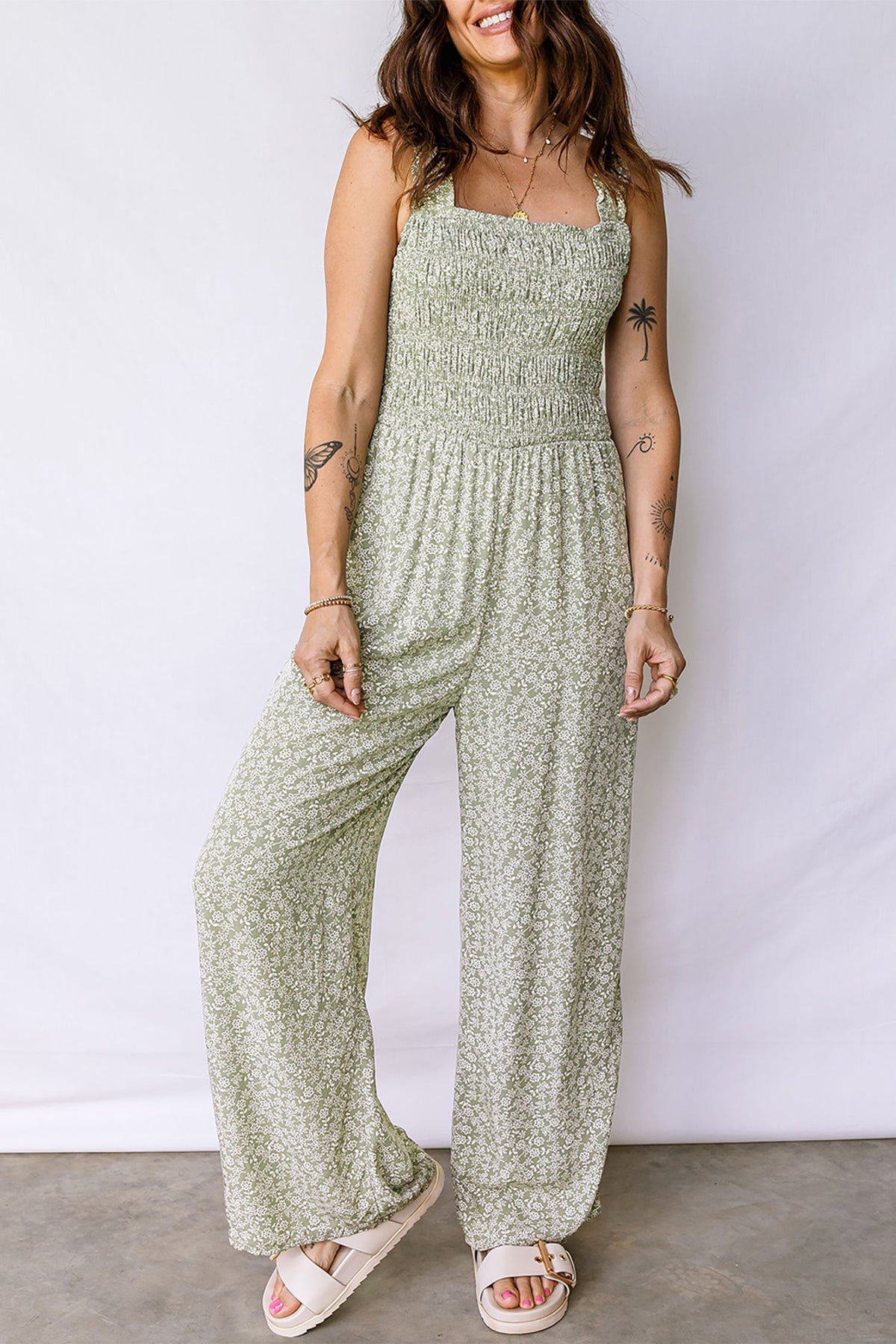 Floral Smocked Square Neck Sleeveless Jumpsuit