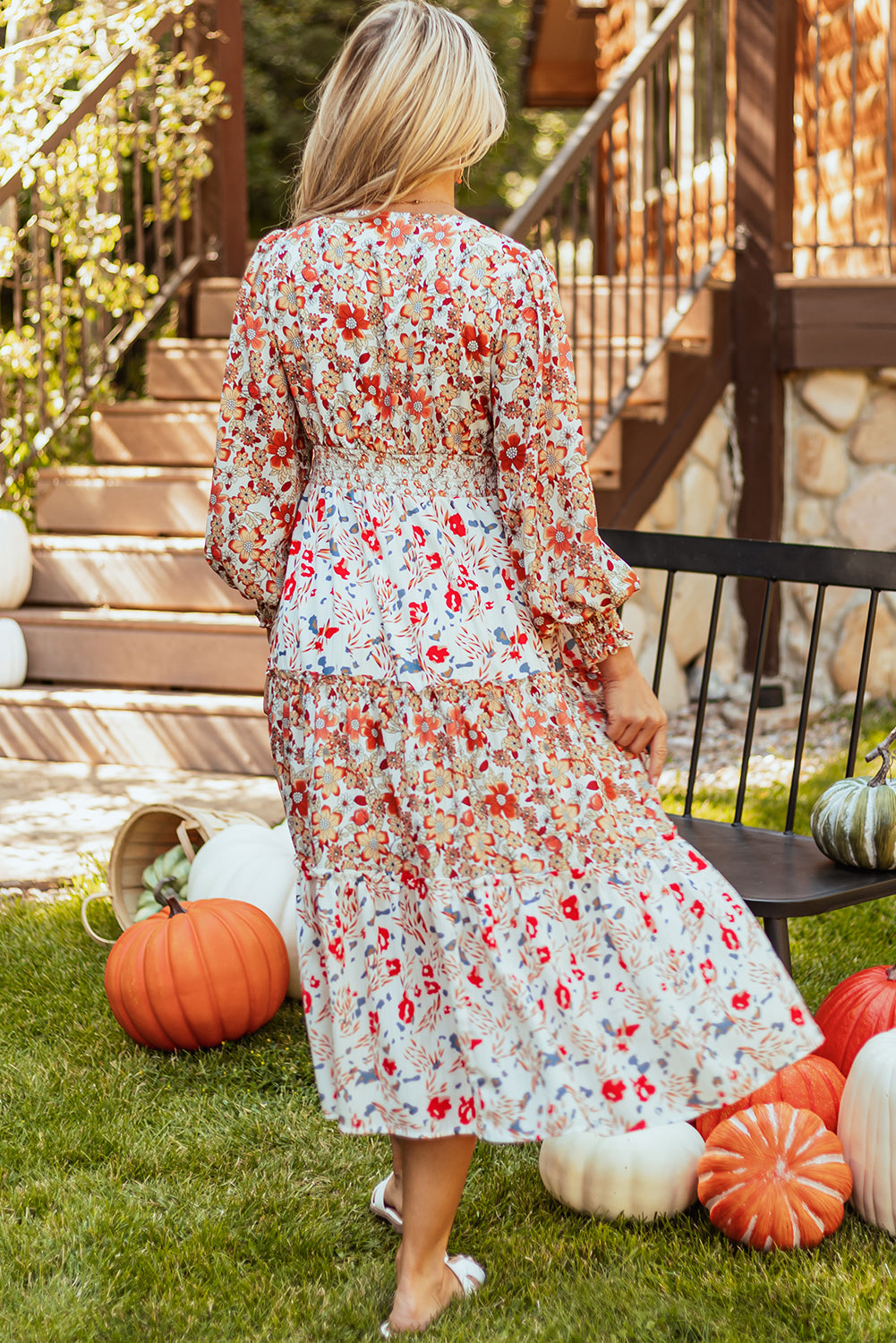 Floral V-Neck Ruffle Long Sleeve Midi Dress