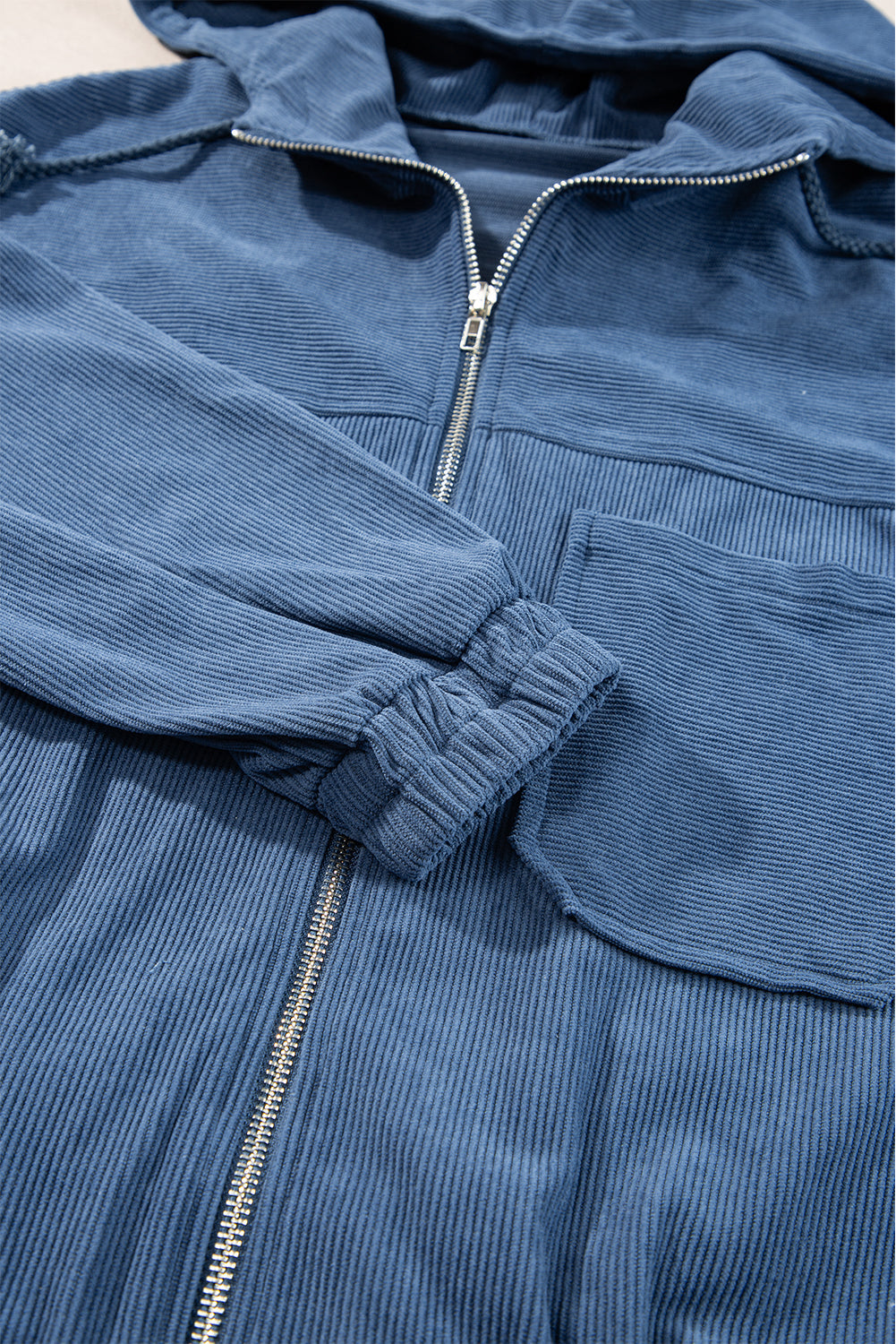 Solid Corduroy Zip-Up Pocketed Hooded Jacket