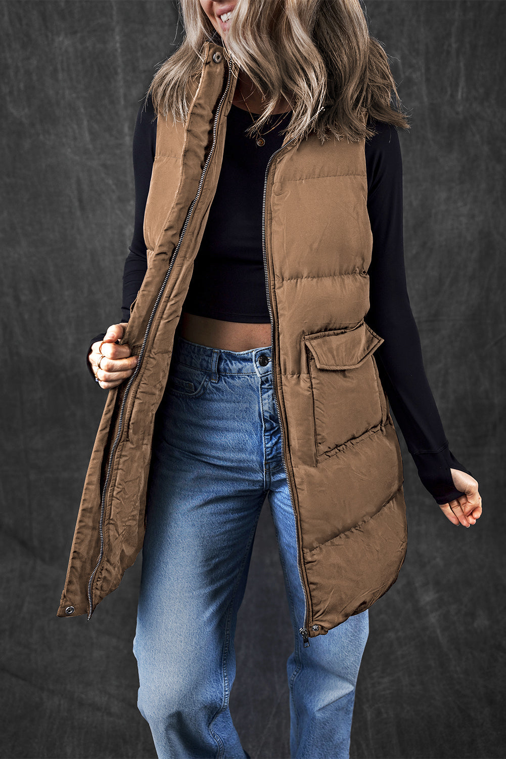 Solid Zip-Up Pocketed Puffer Vest