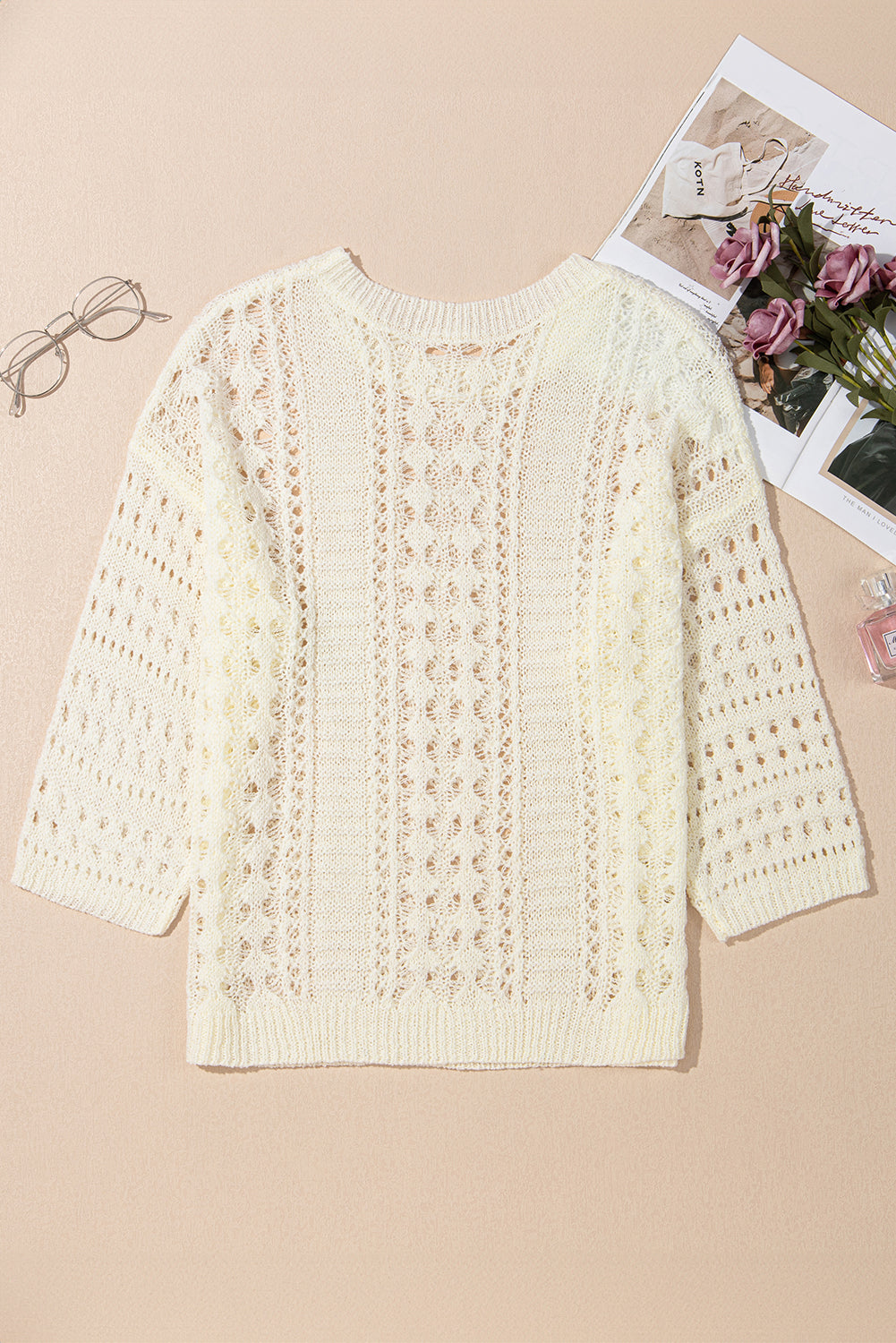 Hollow Out Knit 3/4 Drop Shoulder Sweater