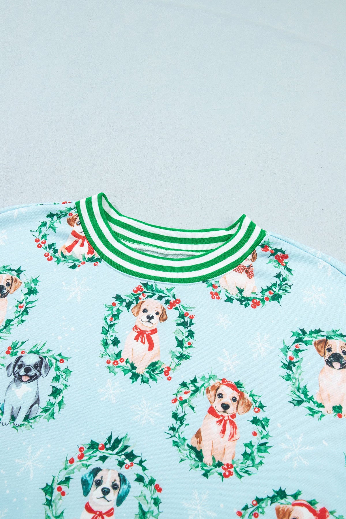 Christmas Wreath Dog Print Stripe Contrast Trim Sweatshirt