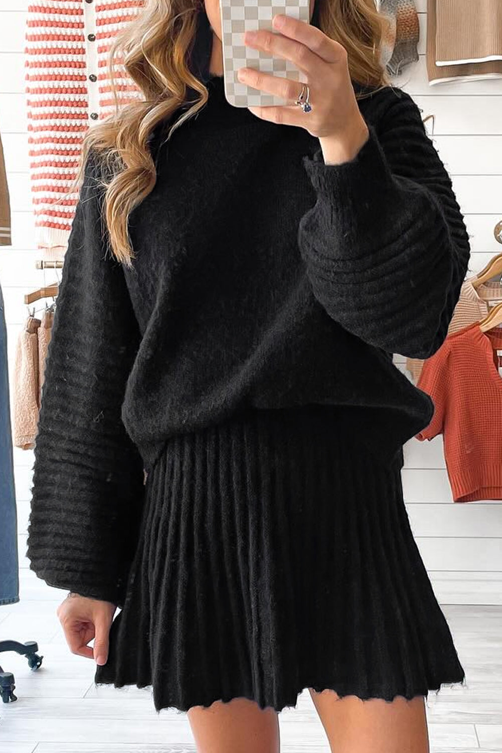 Solid High Neck Sweater and Pleated Mini Skirt Set
