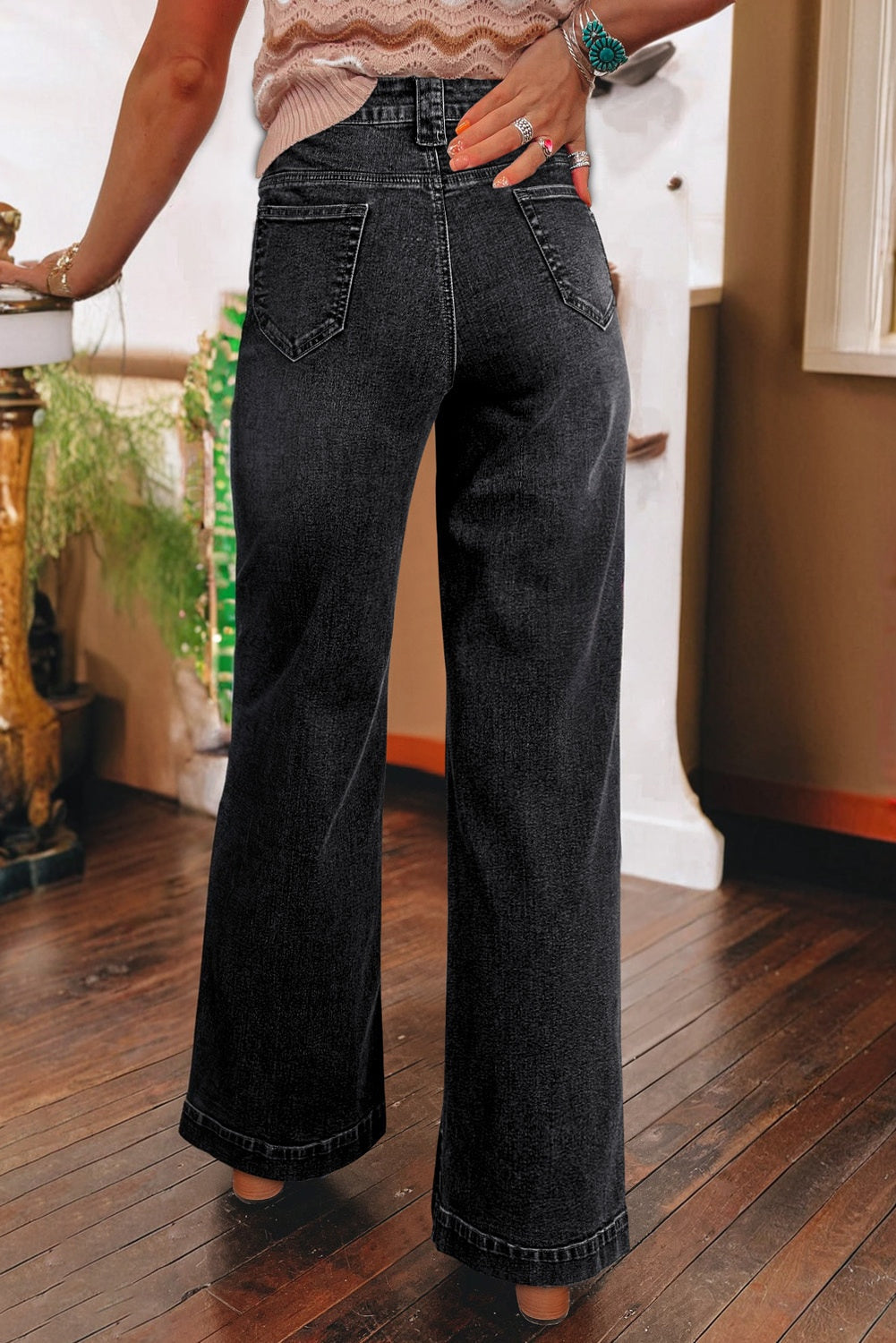 Denim Patch Pocket Wide Leg Jeans