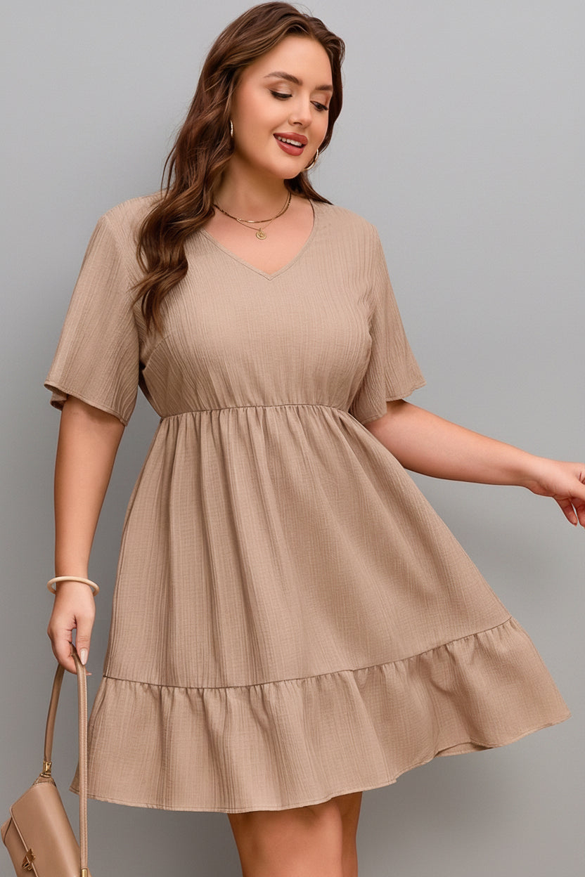 Plus Size Textured Ruffle Short Sleeve Dress