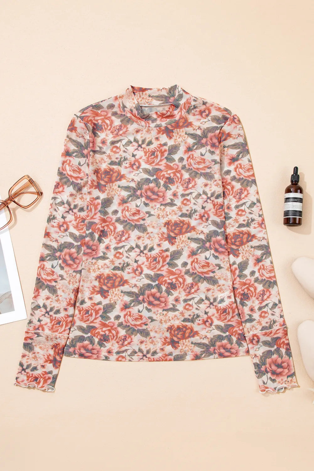 Floral Mesh Mock Neck Long Sleeve Top