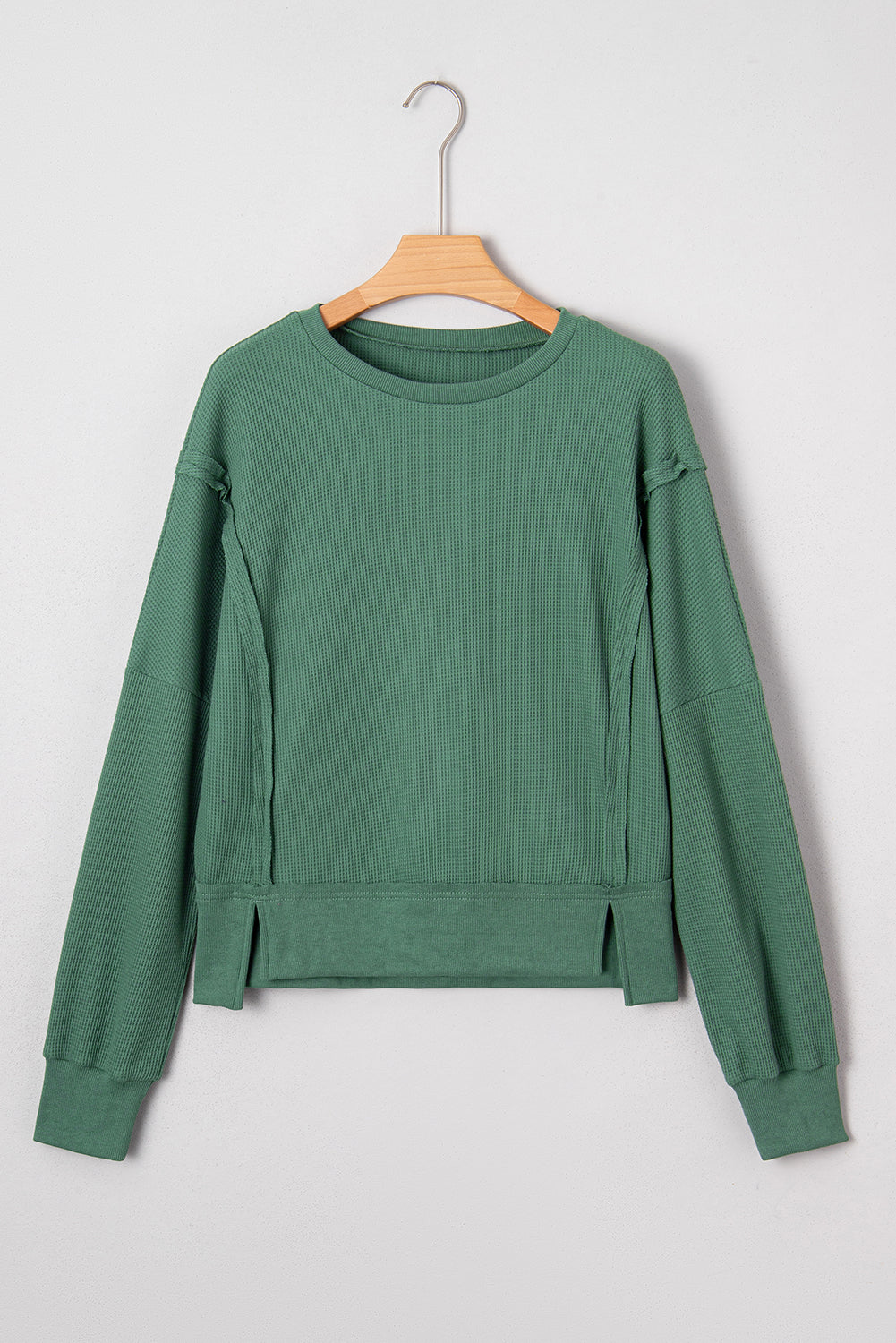 Solid Ribbed Raw Seam Patchwork Drop Shoulder Sweatshirt