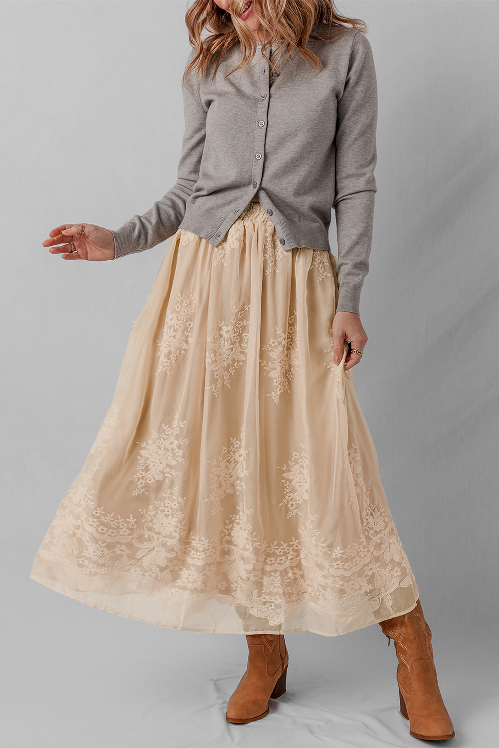 Solid Embroidered Mesh Overlay Midi Skirt