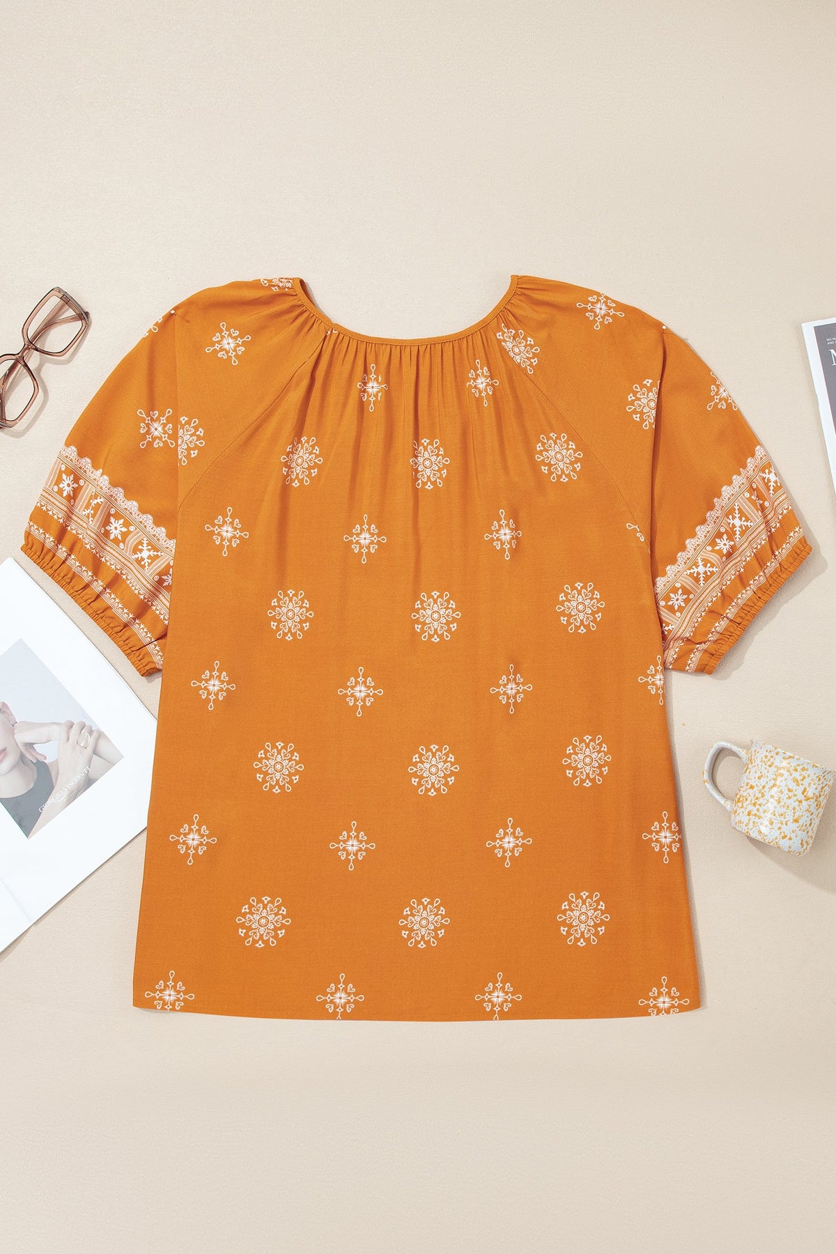 Plus Size Boho Floral Boho Notch V-Neck Top