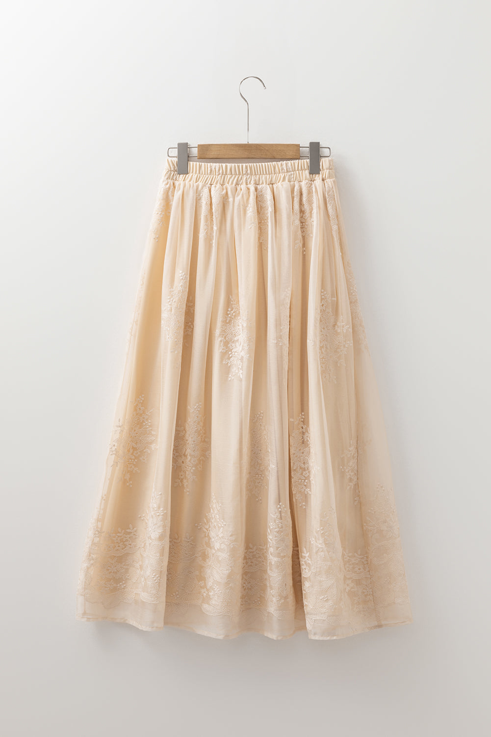 Solid Embroidered Mesh Overlay Midi Skirt