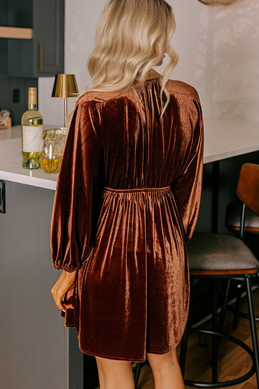 Velvet Elastic V-Neck Puff Sleeve Mini Dress