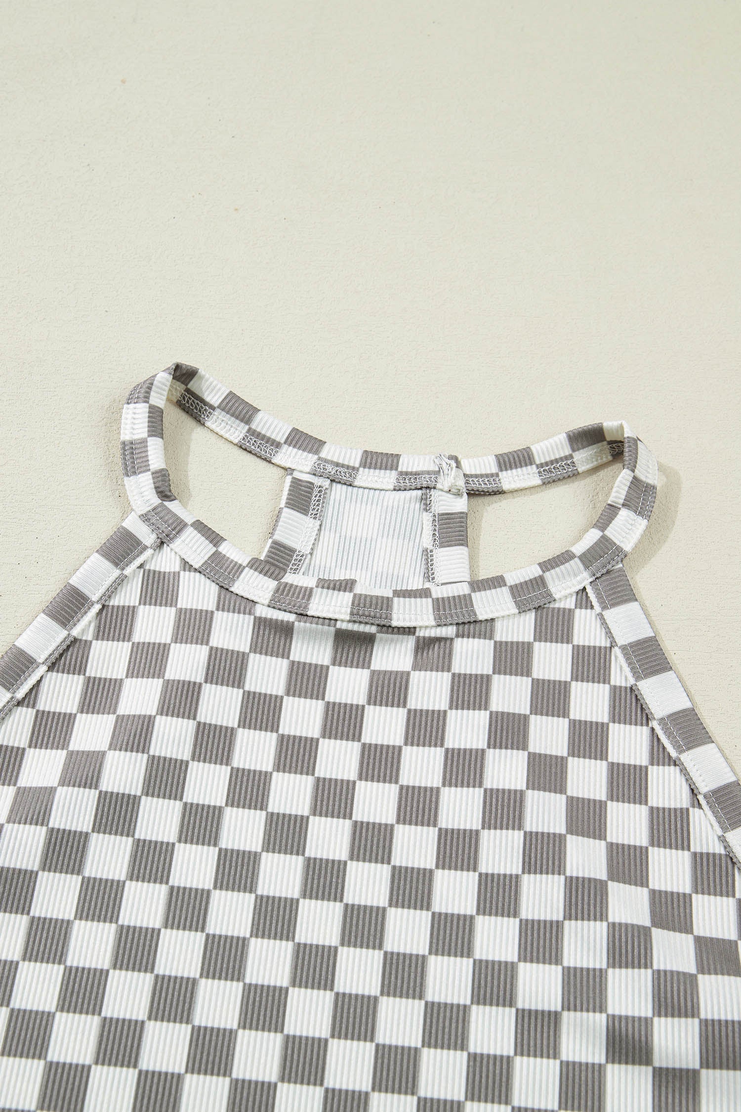 Checker Ribbed Knit Halter Tank Top