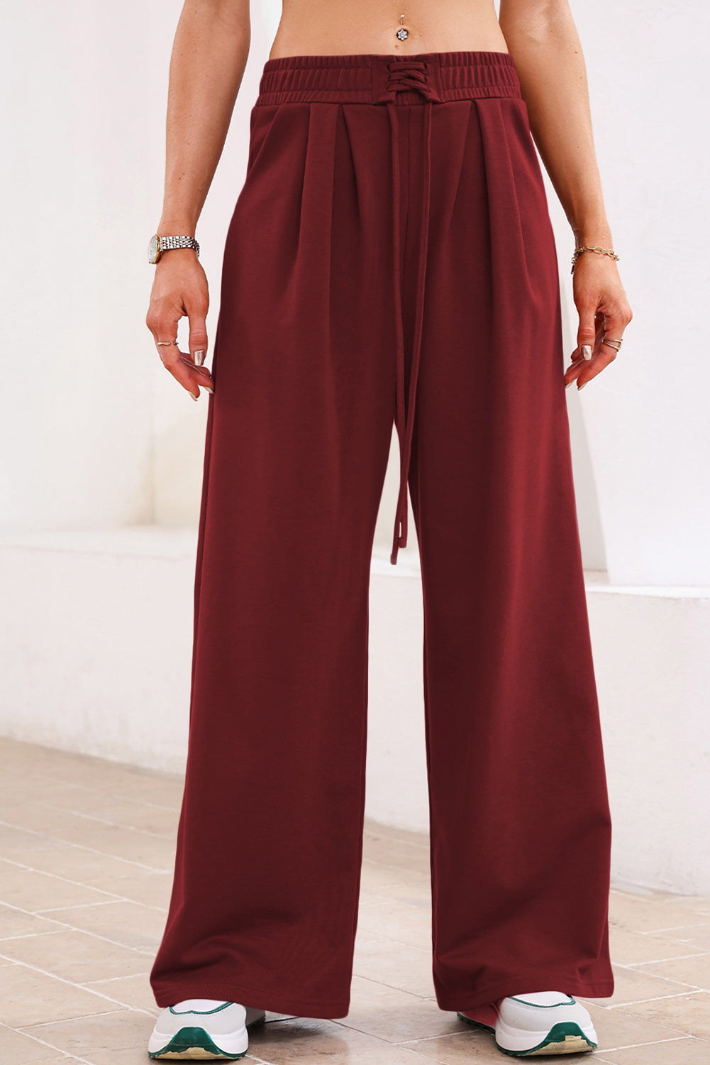 Solid Tied High-Waist Pleated Sweatpants