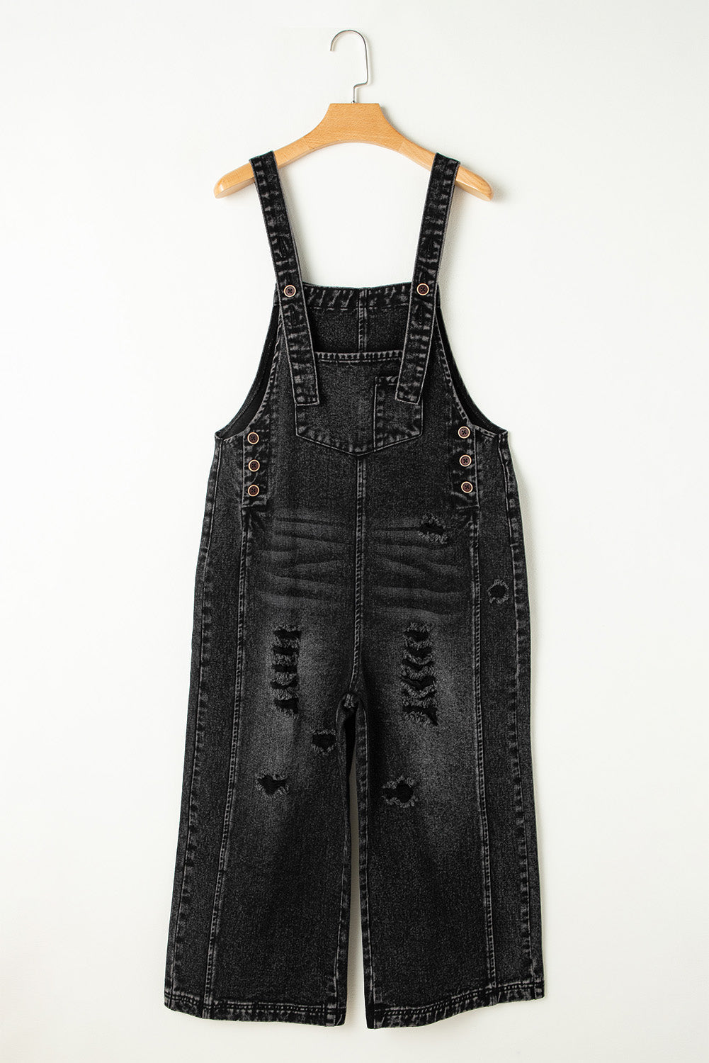 Solid Denim Distressed Bib Pocket Wide Leg Overall