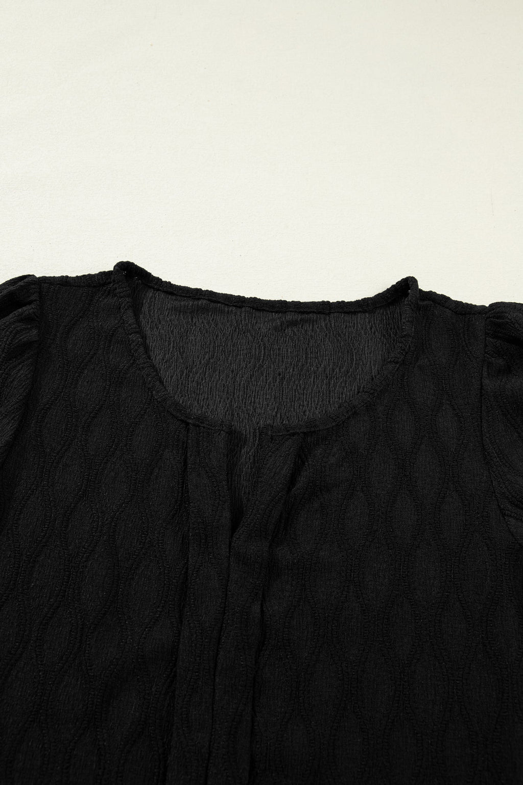 Solid Textured Notch Neck Puff Sleeve Blouse