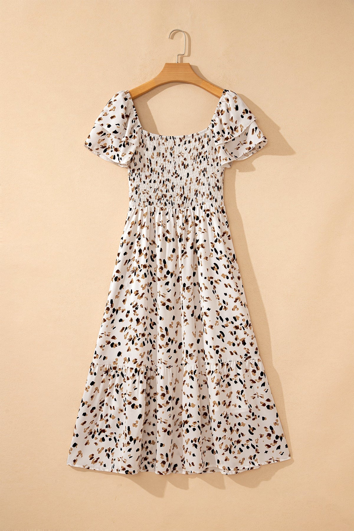 Leopard Smocked Square Neck Ruffle Sleeve Dress
