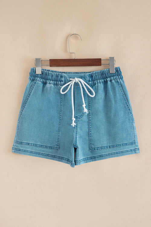 Denim Contrast Drawstring Elastic Waist Shorts
