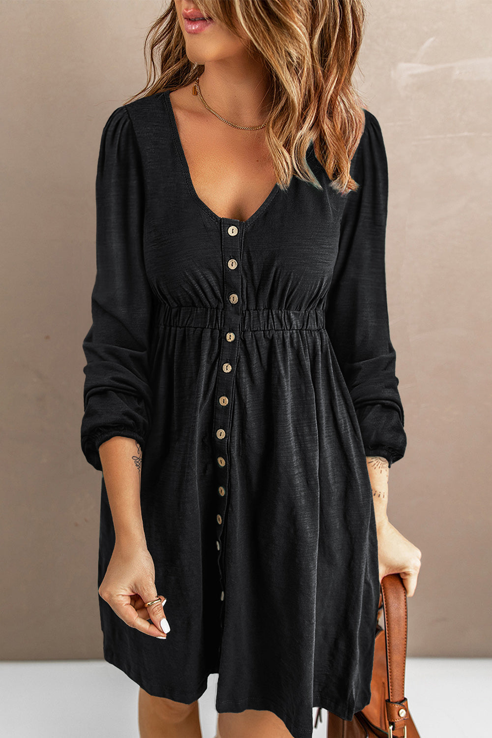 Solid Button-Up Scoop Neck Dress