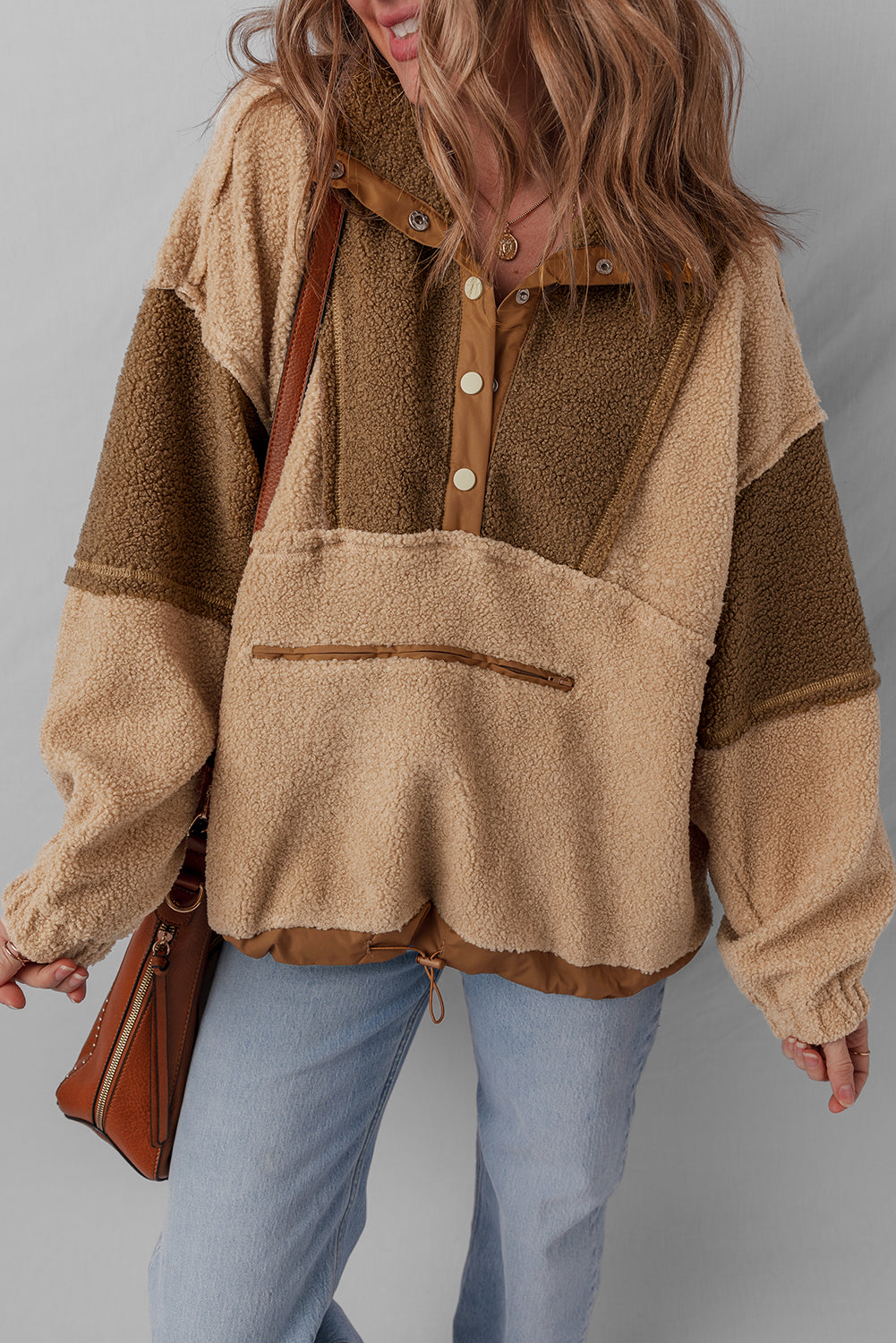 Colorblock Sherpa Patchwork Half Button Sweatshirt