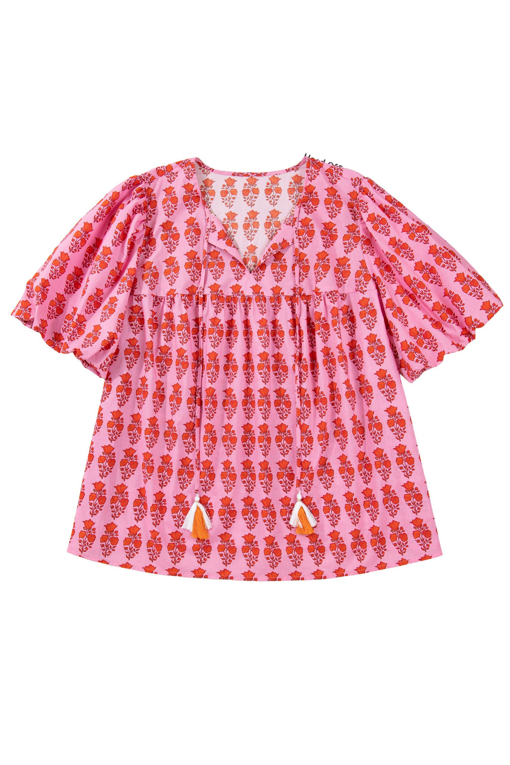 Plus Size Floral Tassel Tie Puff Sleeve Blouse