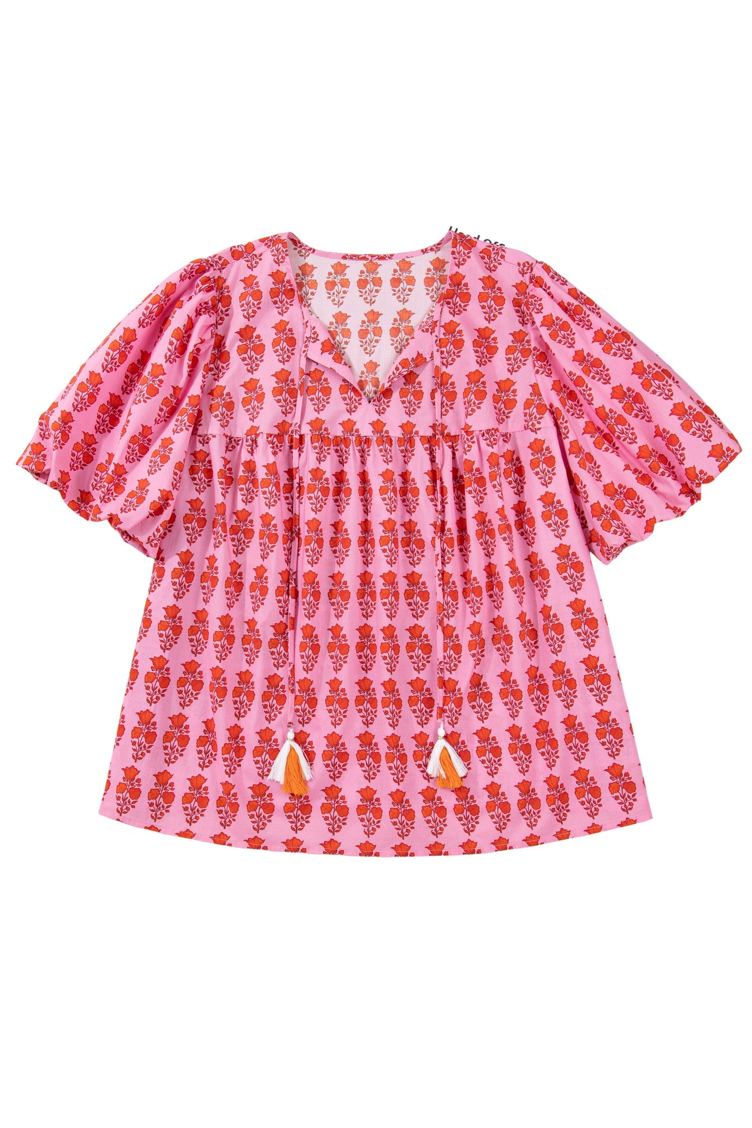Plus Size Floral Tassel Tie Puff Sleeve Blouse