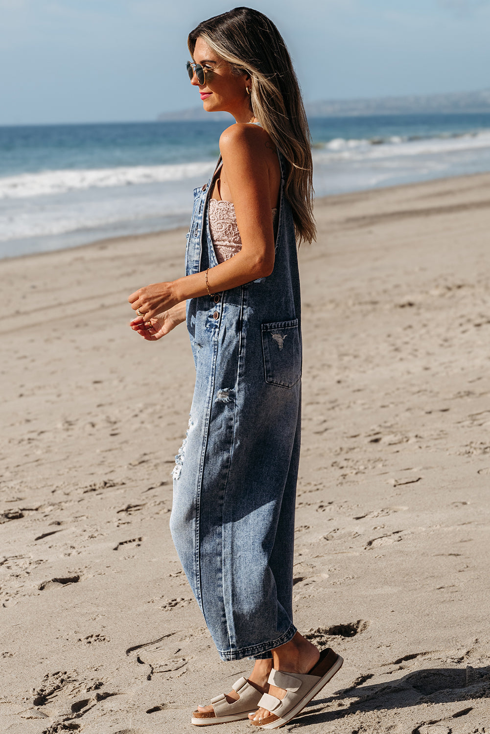 Solid Denim Distressed Bib Pocket Wide Leg Overall