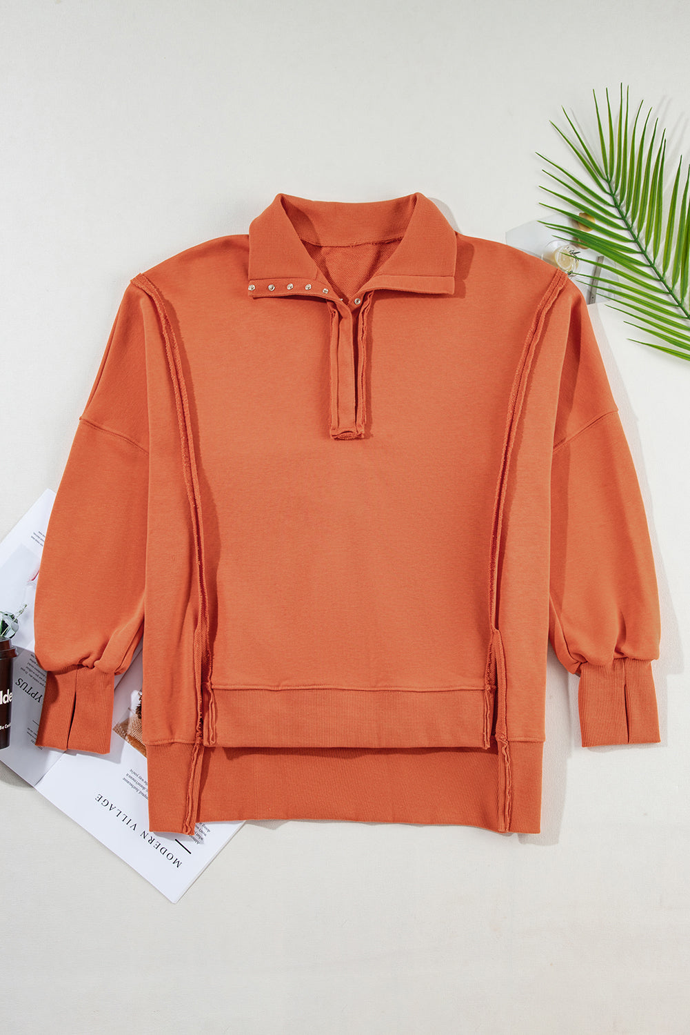 Solid Collared Drop Shoulder Side Slit Sweatshirt