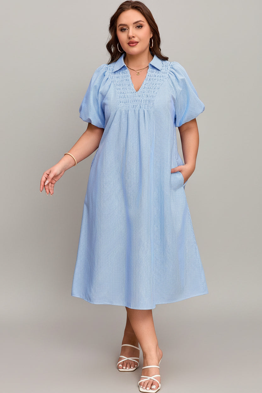 Plus Size Stripe Shirred Collared V-Neck Midi Dress