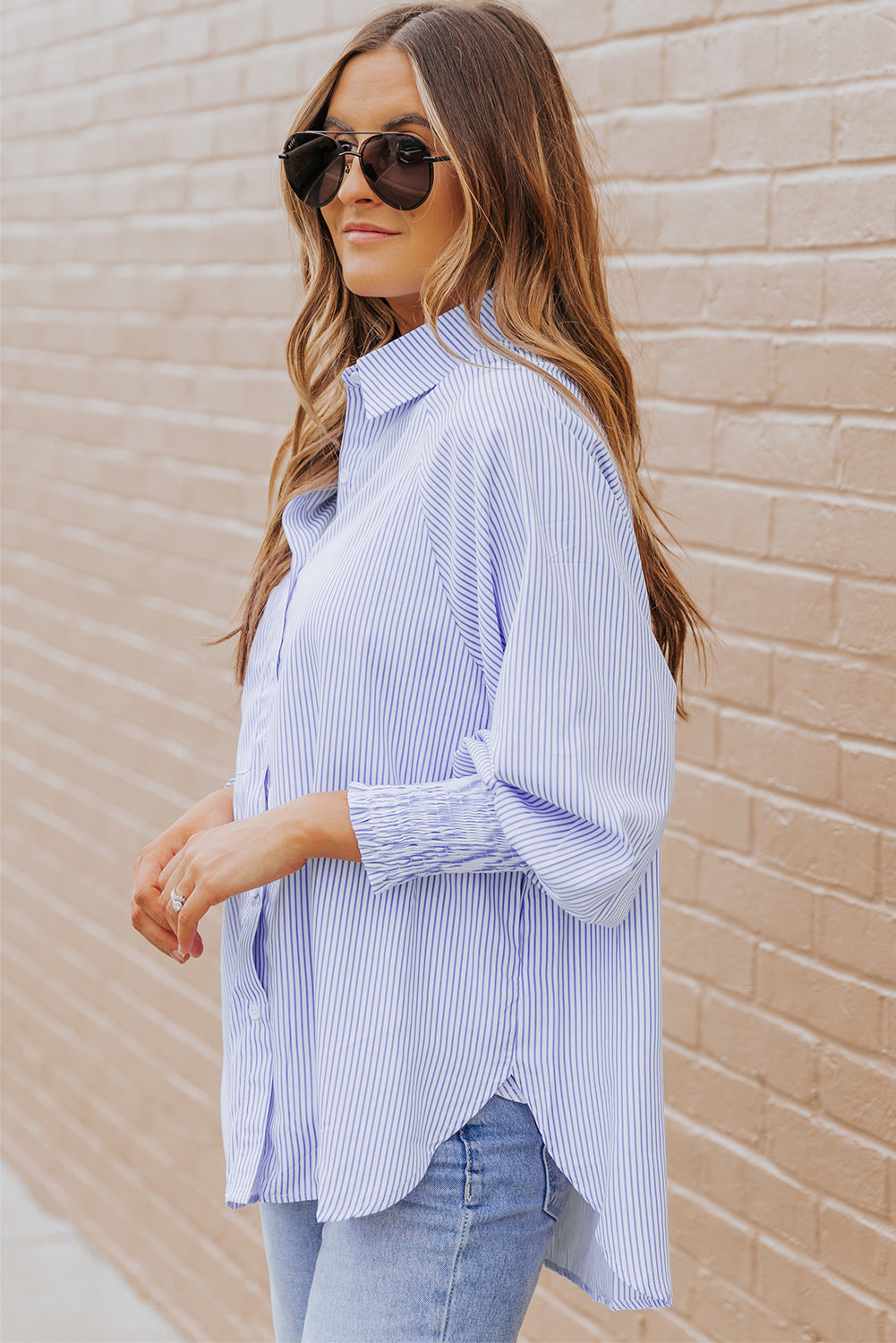 Stripe Smocked Long Sleeve Button-Up Shirt