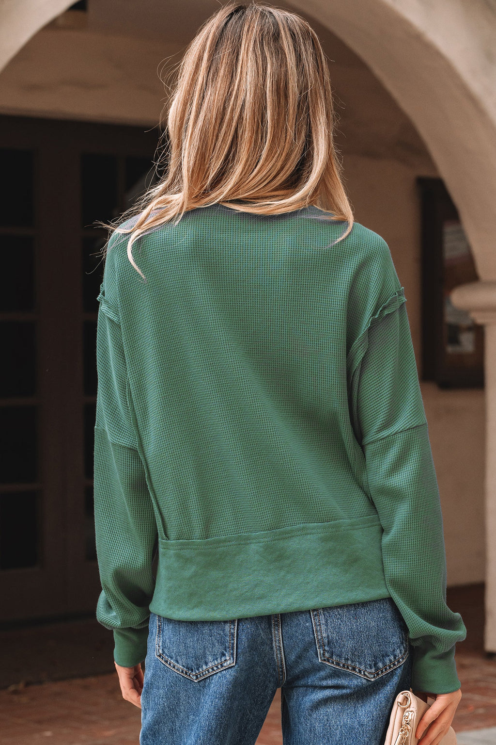 Solid Ribbed Raw Seam Patchwork Drop Shoulder Sweatshirt