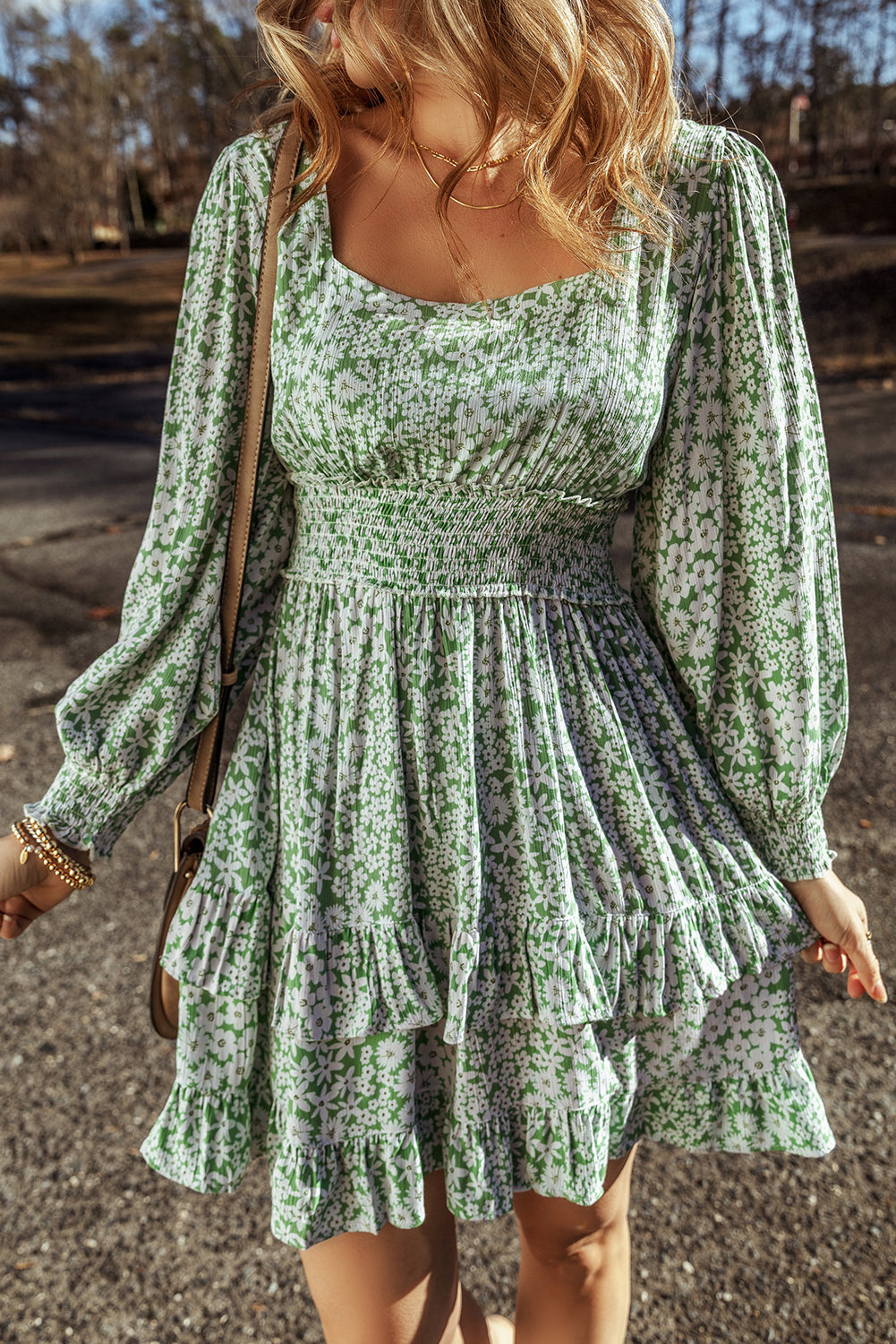 Floral Square Neck Shirred Waist Ruffle Dress