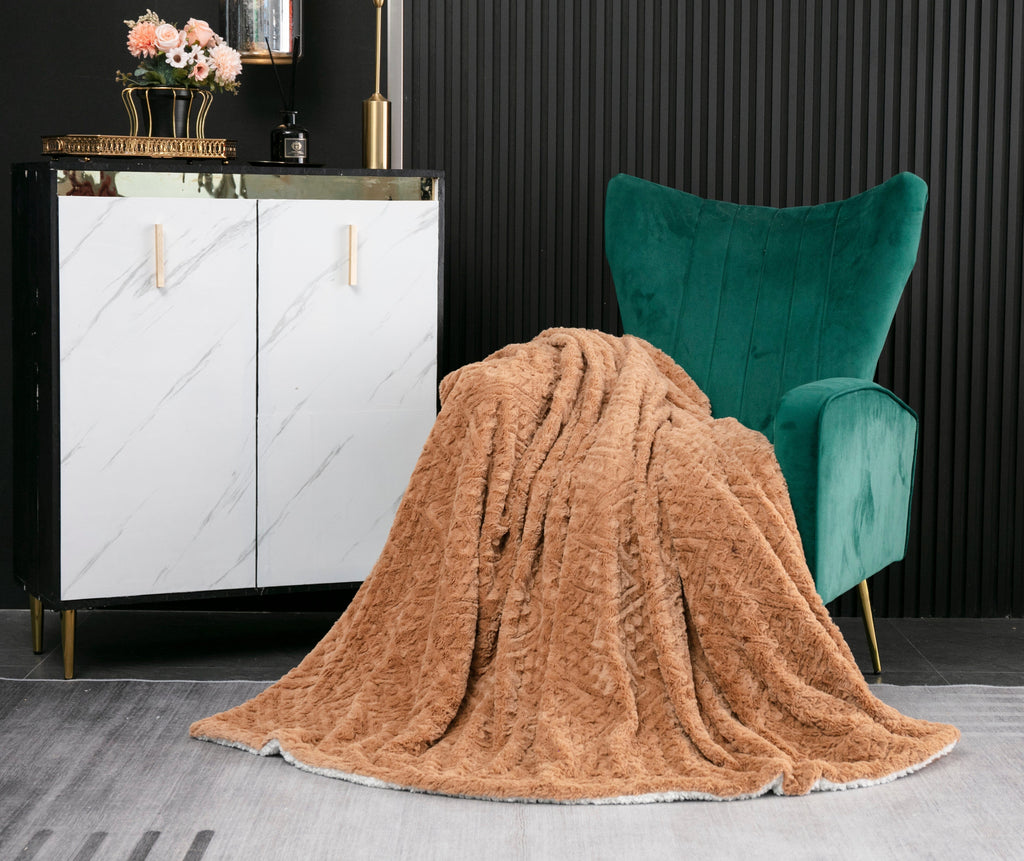 Tache Caramel Brown Faux Fur Throw Blanket Chevron Geometric Embossed (#10)