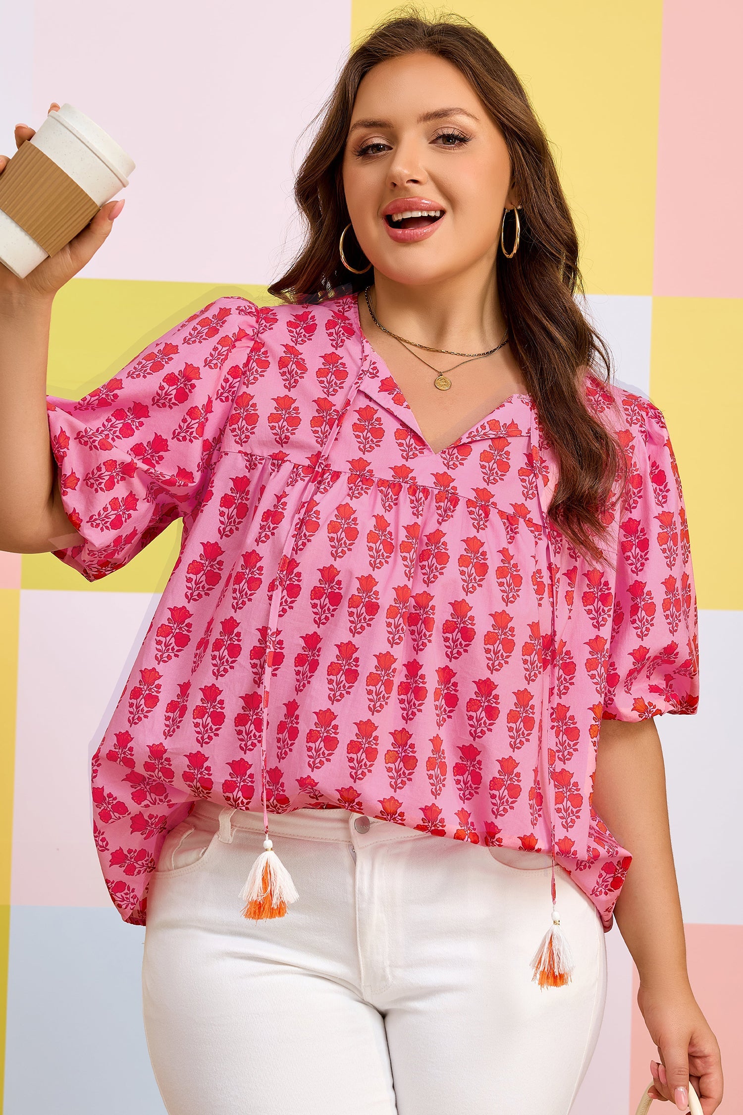 Plus Size Floral Tassel Tie Puff Sleeve Blouse