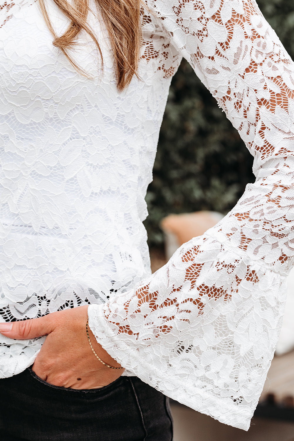 Solid Lace Crochet Bell Sleeve Blouse