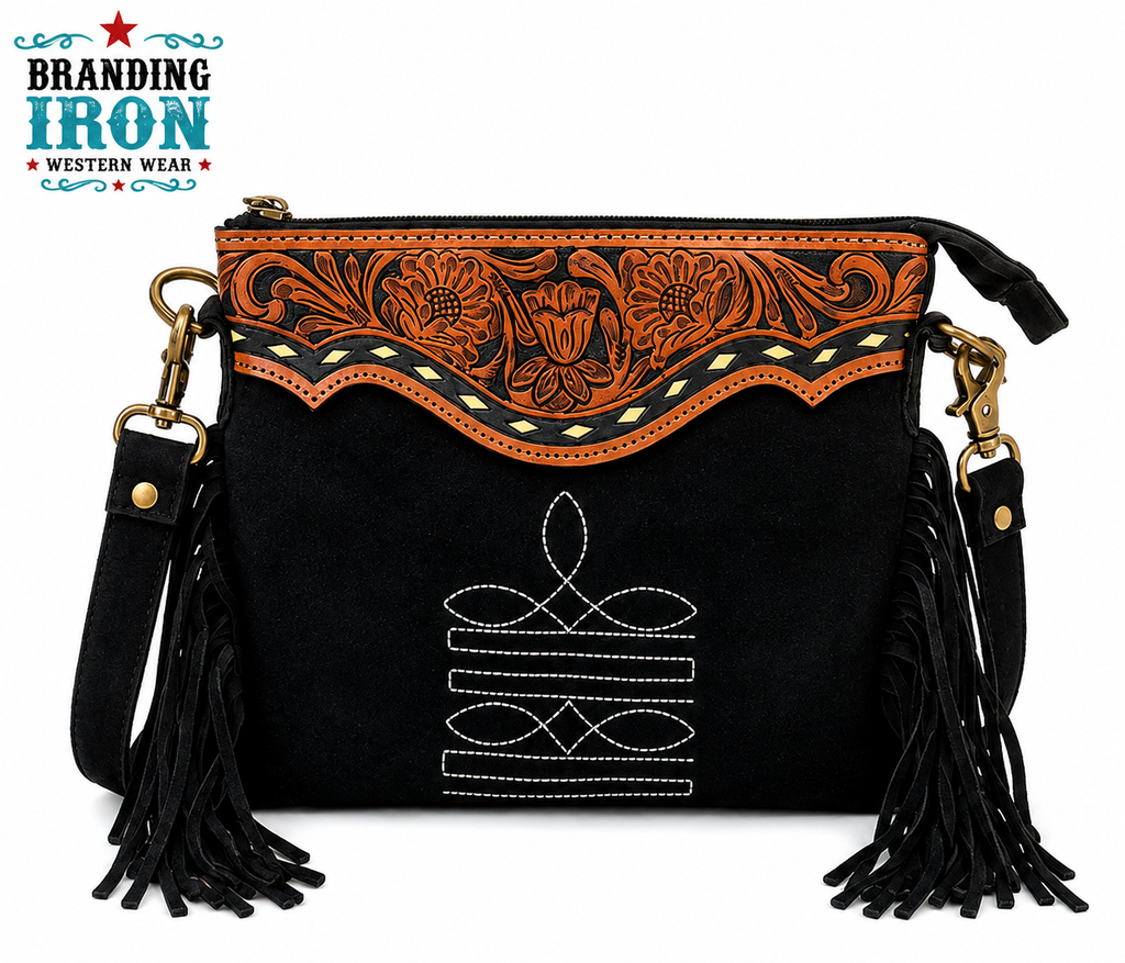 Boot Stitch Crossbody | Black Suede Western Fringe Purse