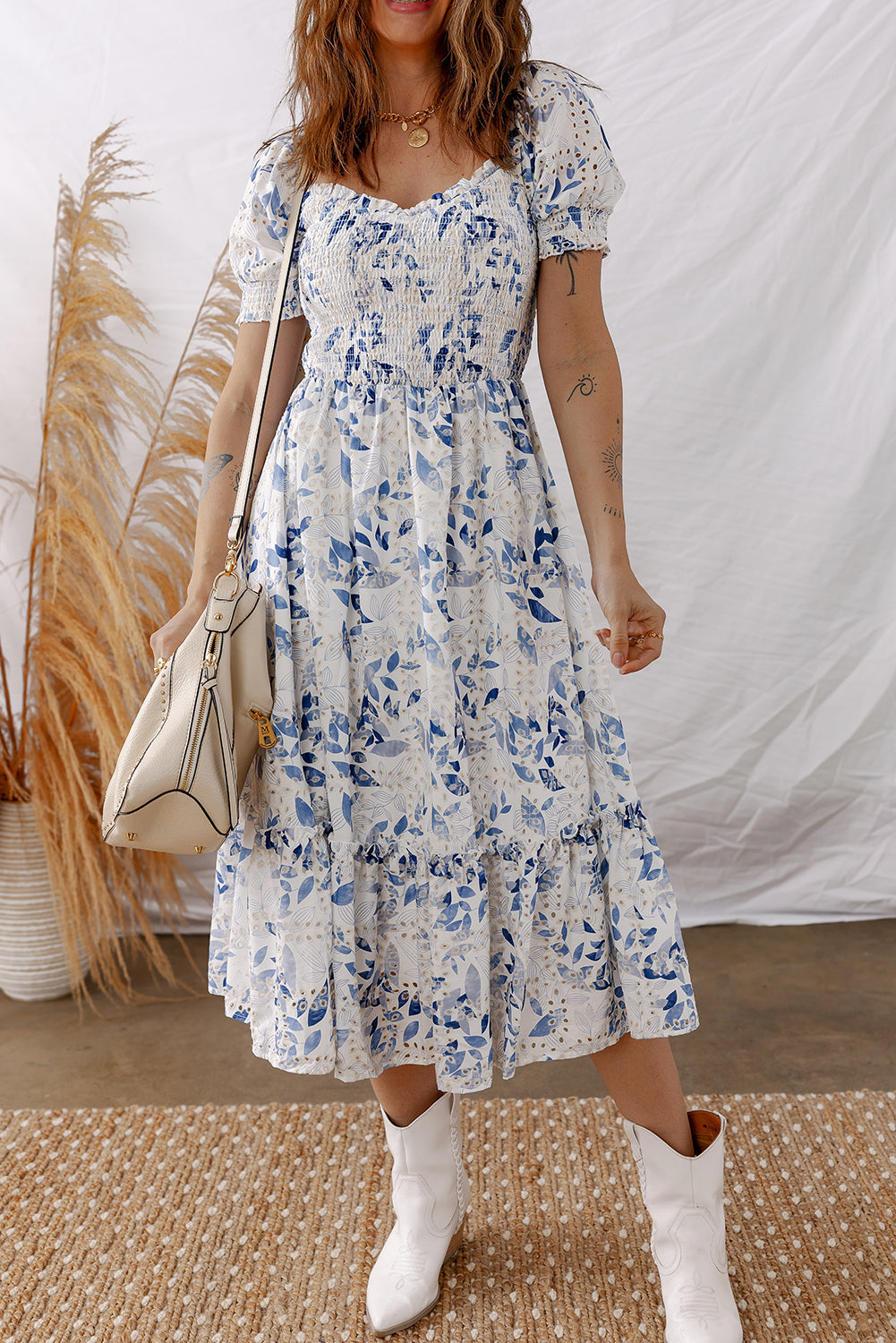 Floral Smocked Puff Sleeve Tiered Midi Dress