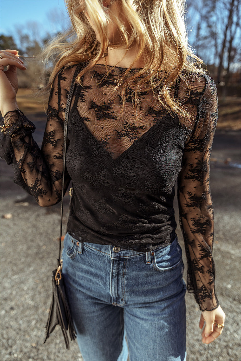 Lace Mesh Crochet Long Sleeve Blouse