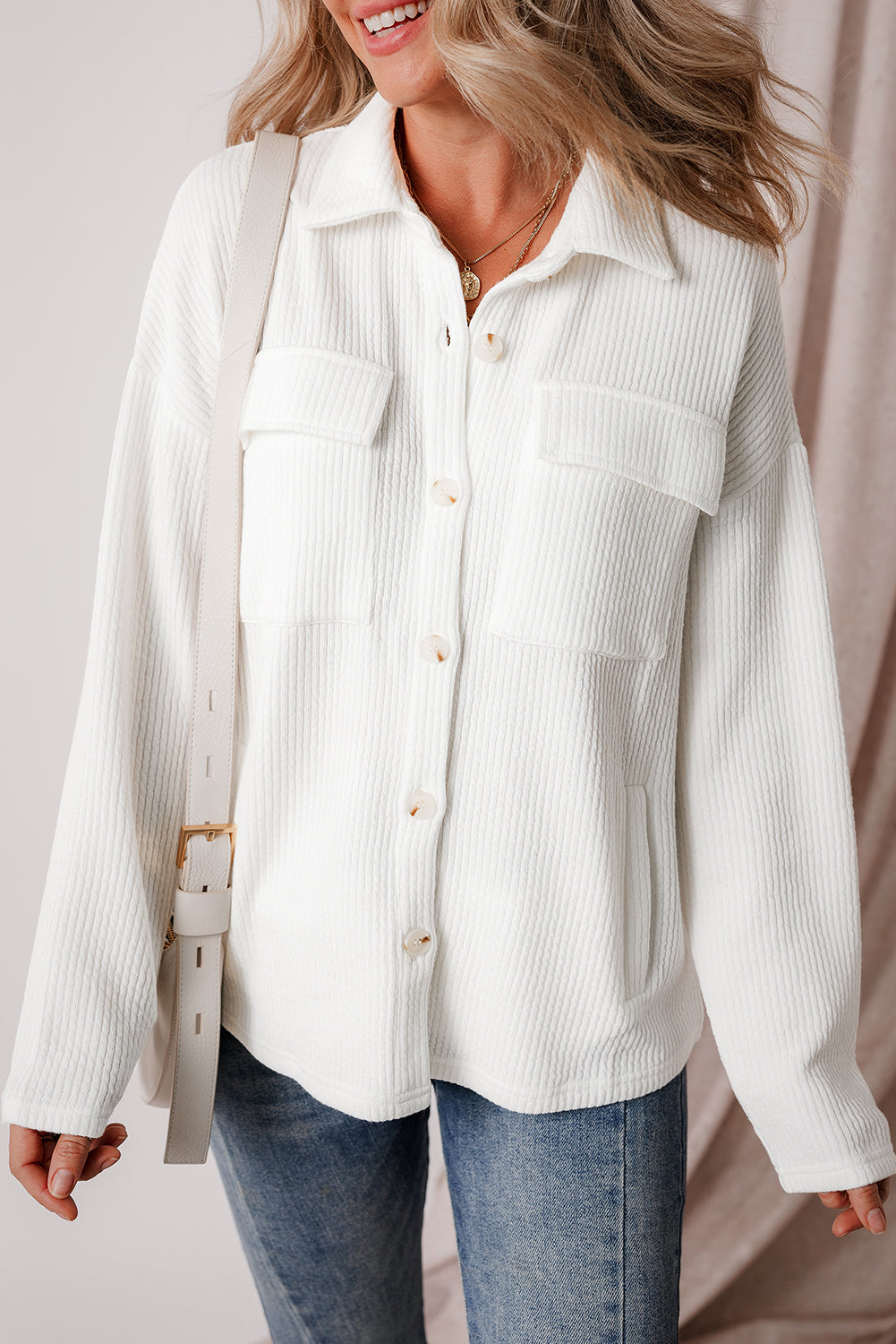 Solid Corduroy Button-Up Long Sleeve Jacket