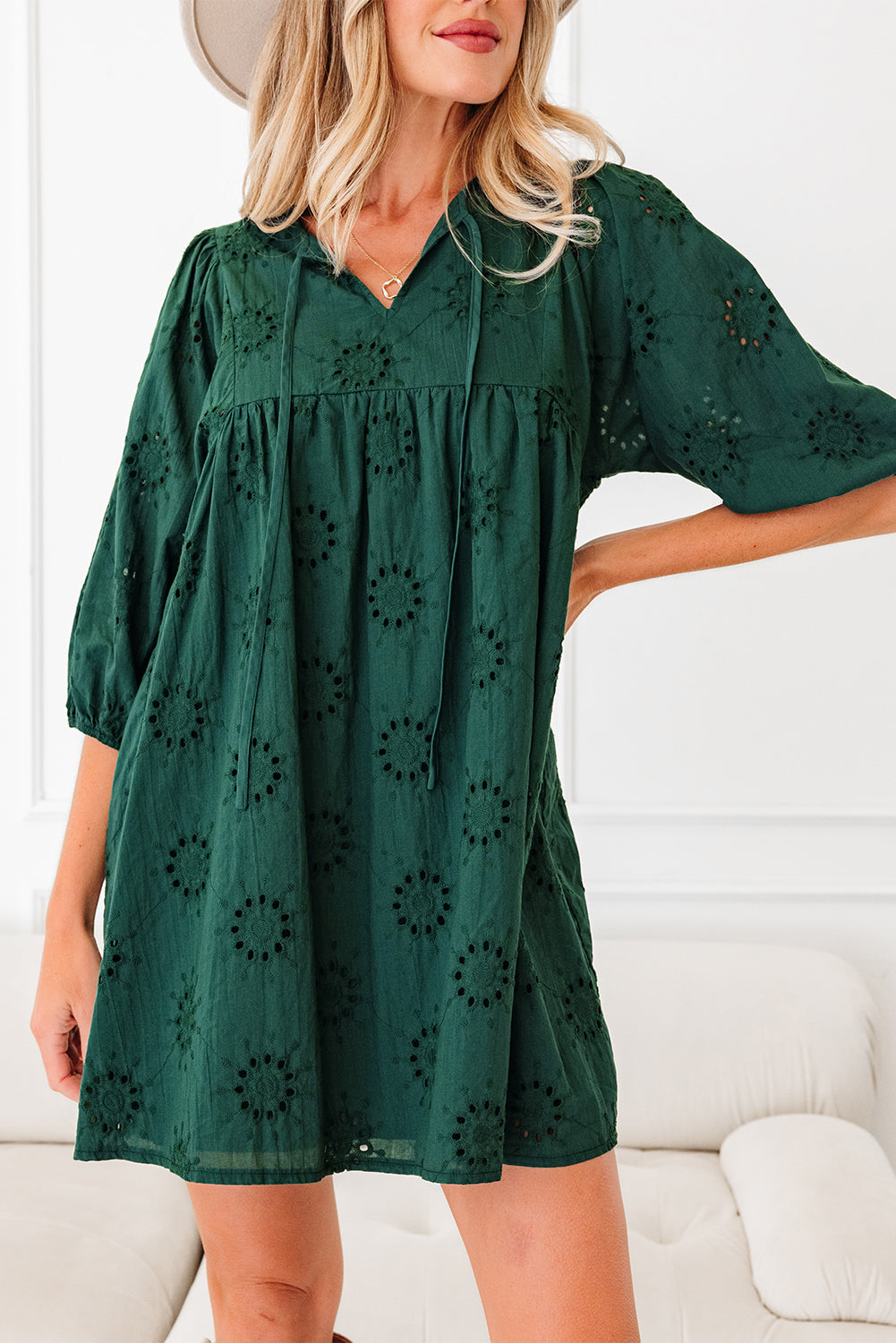 Solid Embroidered Eyelet 3/4 Sleeve Mini Dress